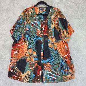 Roaman's Blouse Womens 18W Multicolor Floral Rayon Short Sleeve Tunic Boho